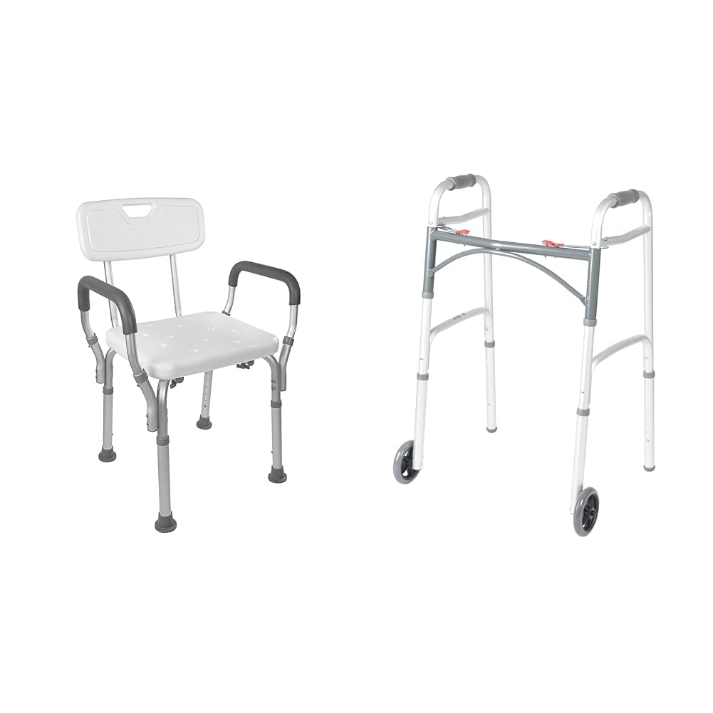 Shower Chair Bath Seat with Padded Arms and Adjustable Legs & Folding Walker with Wheels K2417