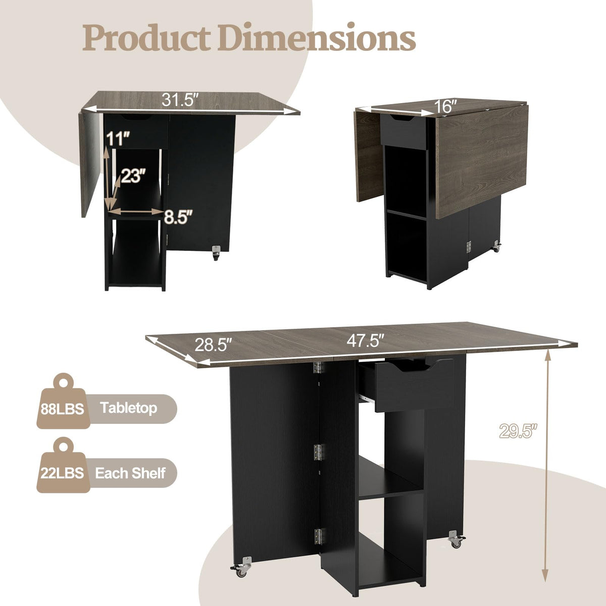 Drop Leaf Dining Table with Open Shelves & Drawer S6344