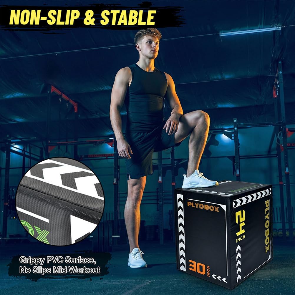 3-in-1 Foam Plyometric Jump Box, 20/24/30 Inch Plyo Box with Non-Slip PVC Cover Y503