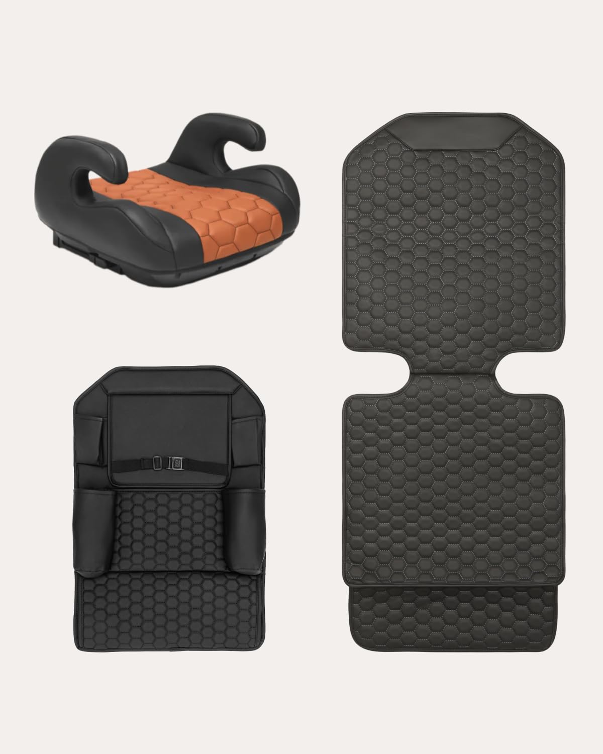Black-Brown Backless Booster with Latch, Seat Protector & Backseat Organizer A9185