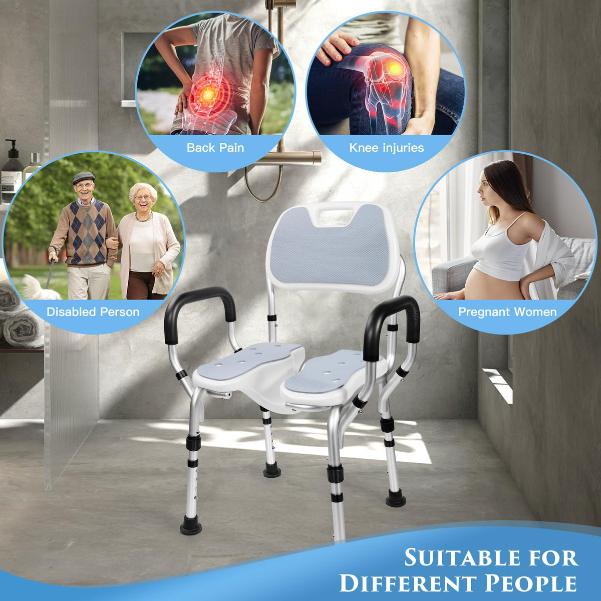 Shower Chair with U-Shaped Seat, Adjustable Height, 350 lb K935