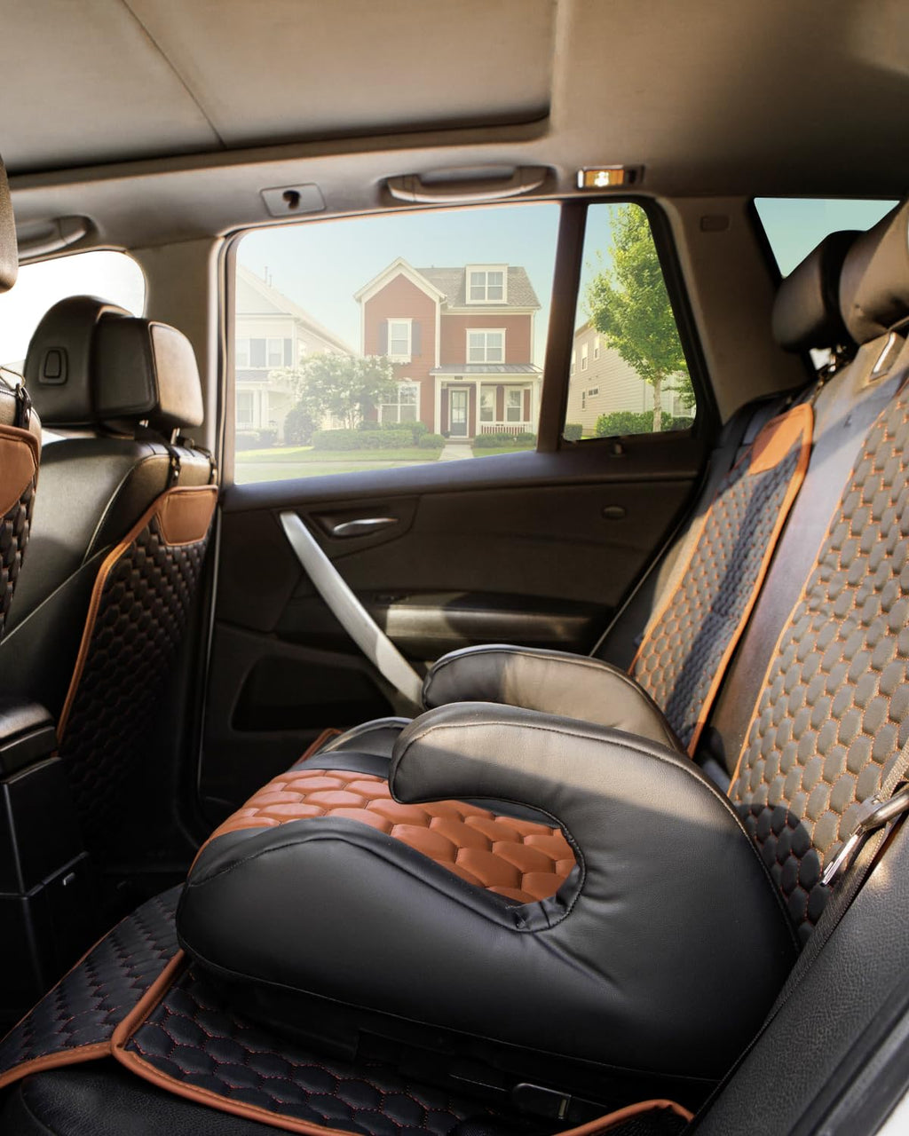 Black-Brown Backless Booster with Latch, Seat Protector & Backseat Organizer A9185