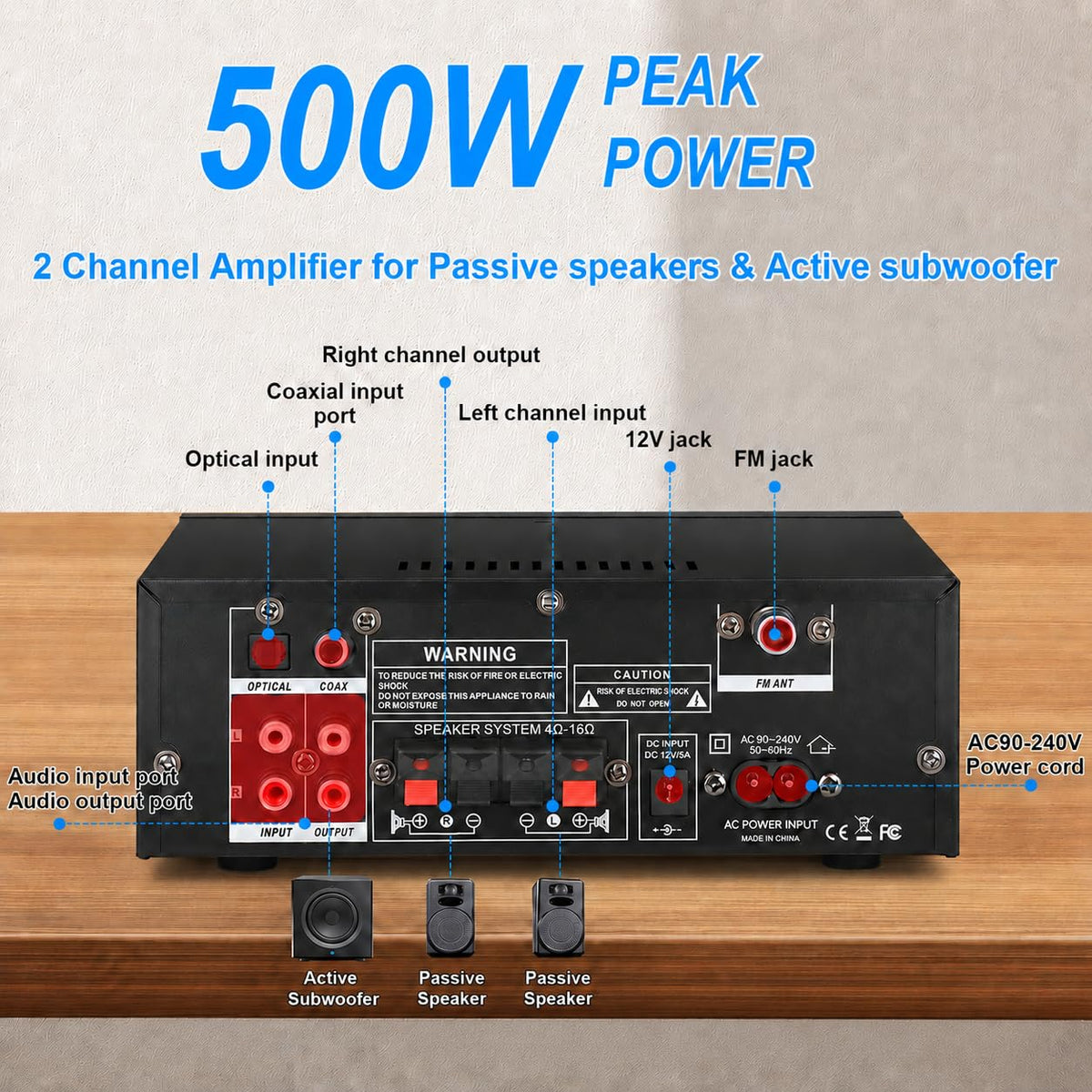 500W 2 Channel Bluetooth Stereo Audio Amplifier O533