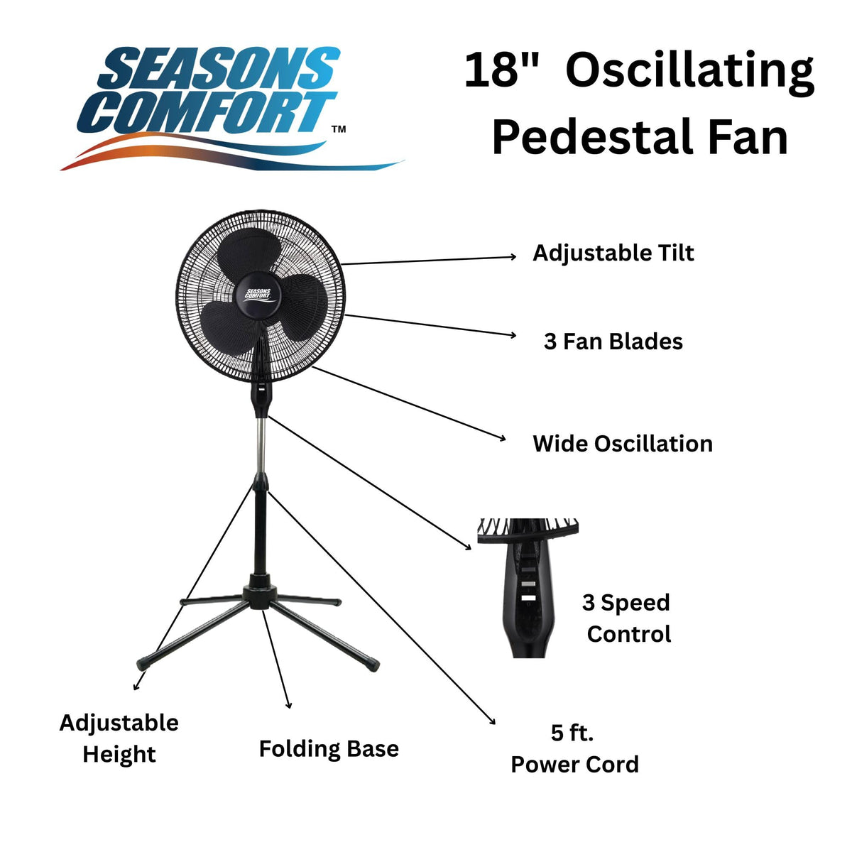 18" Oscillating Pedestal Fan, Adjustable Height, 3 Speed O1351