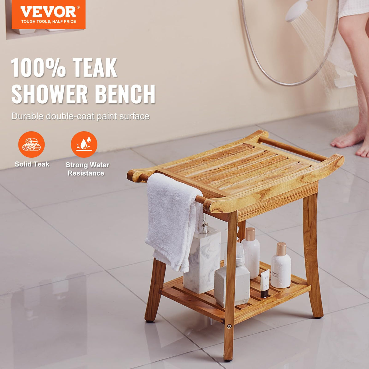 Teak Shower Bench with Storage Shelf F181636