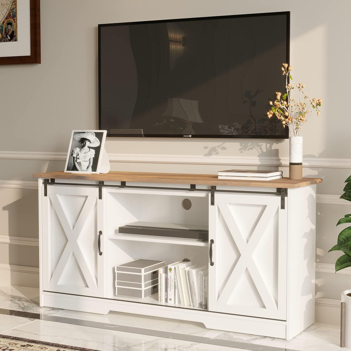 White Farmhouse TV Stand for 65 Inch TV A3391
