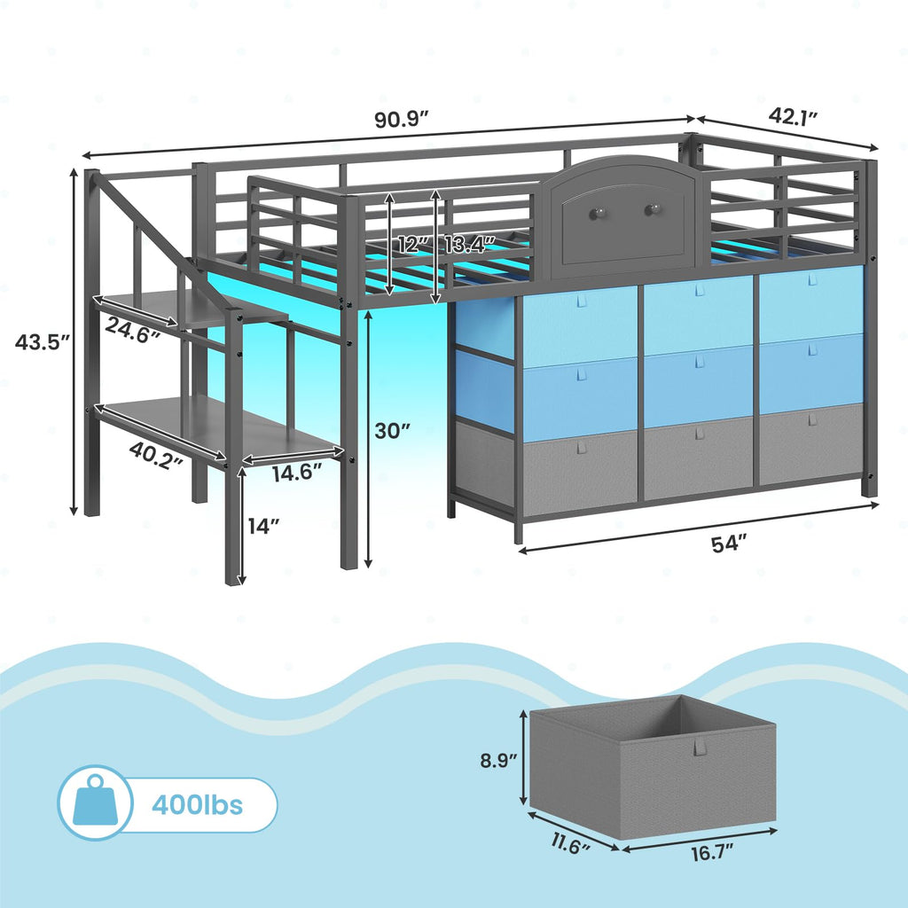 Twin Size Low Loft Bed with 9 Storage Drawers and LED Lights G2639