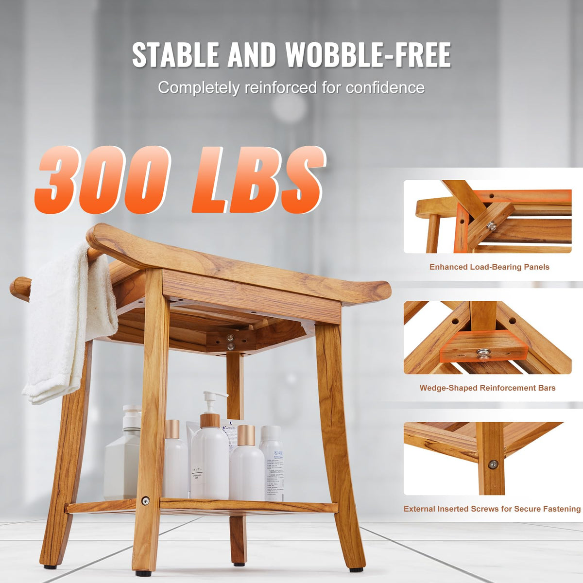 Teak Shower Bench with Storage Shelf F181636