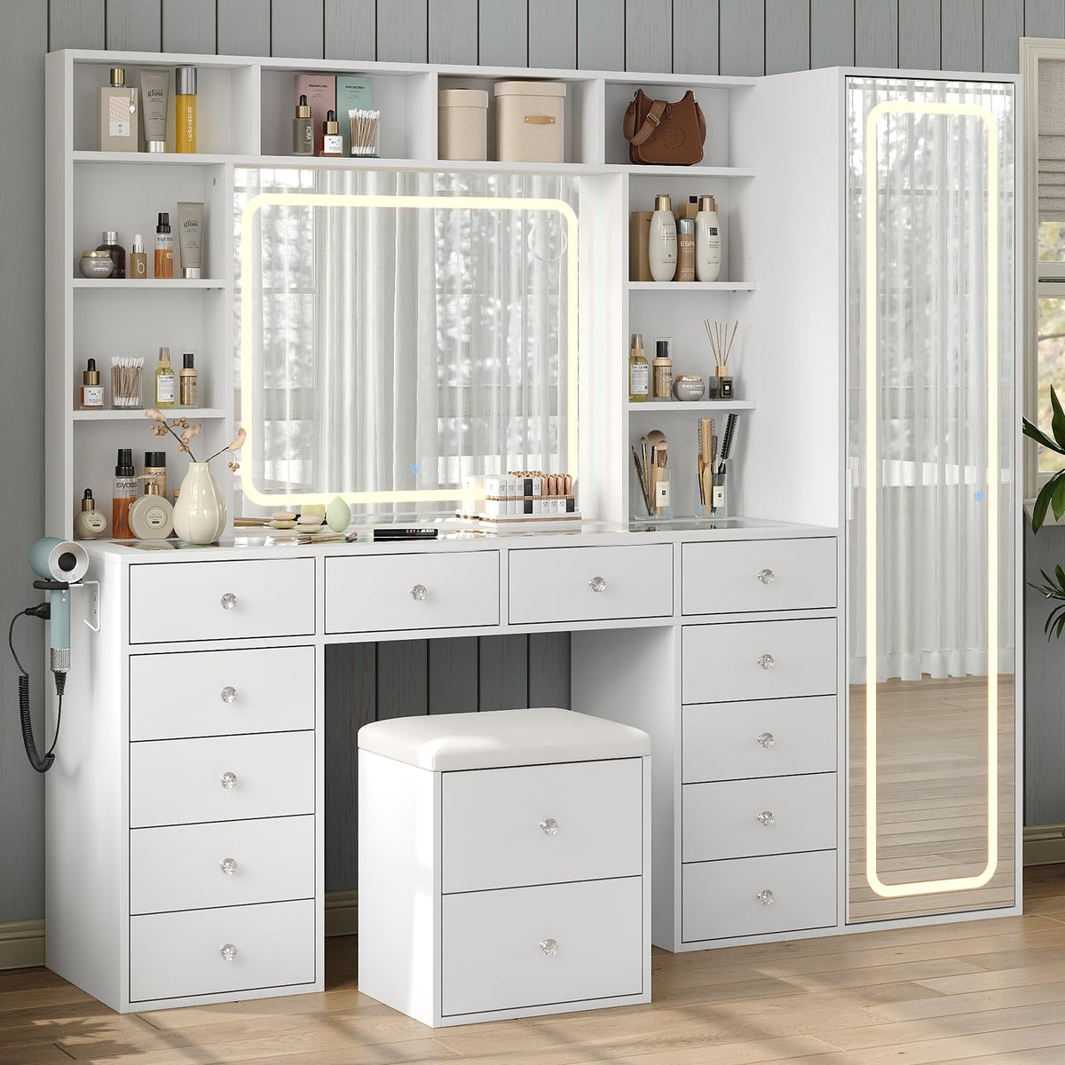 White Vanity Desk with LED Mirror 14 Drawers 10 Shelves B27394