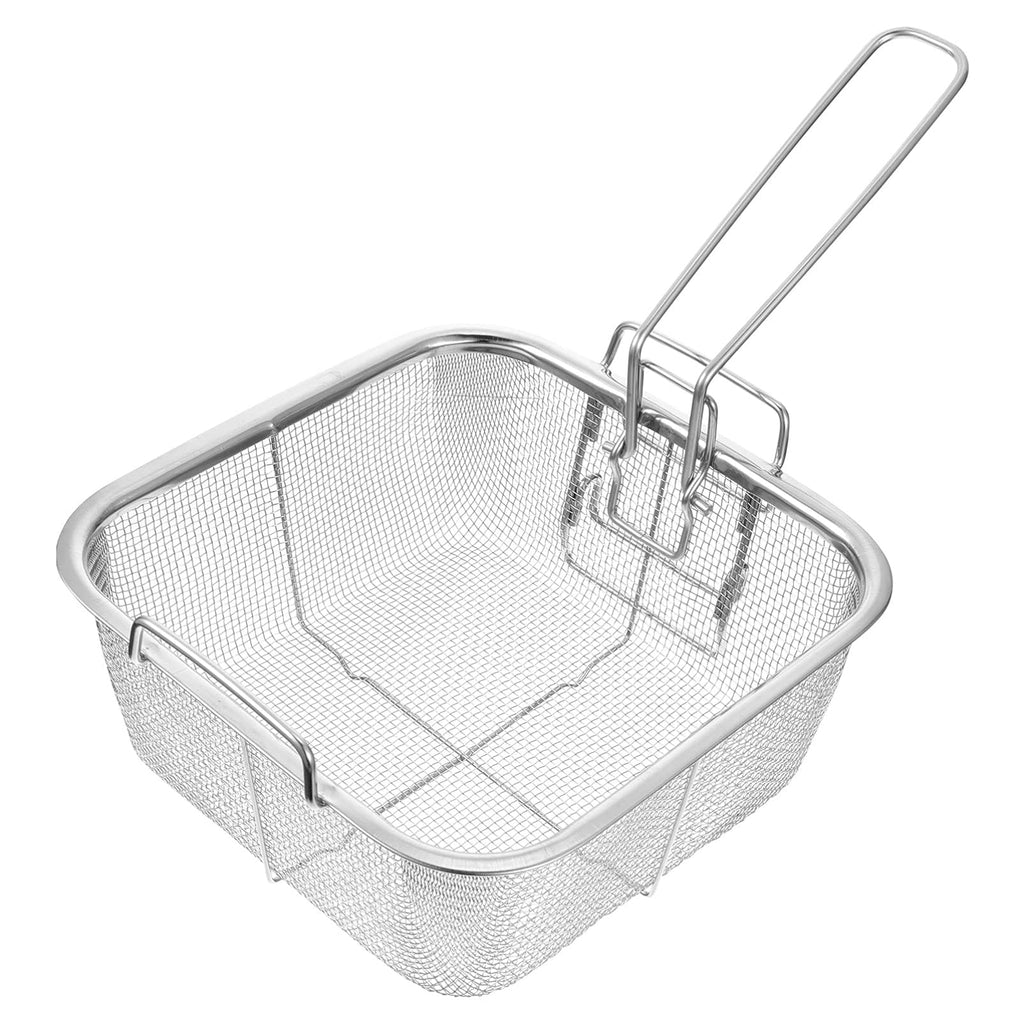 8 Inch Square Stainless Steel Wire Fry Basket with Folding Handle B9443