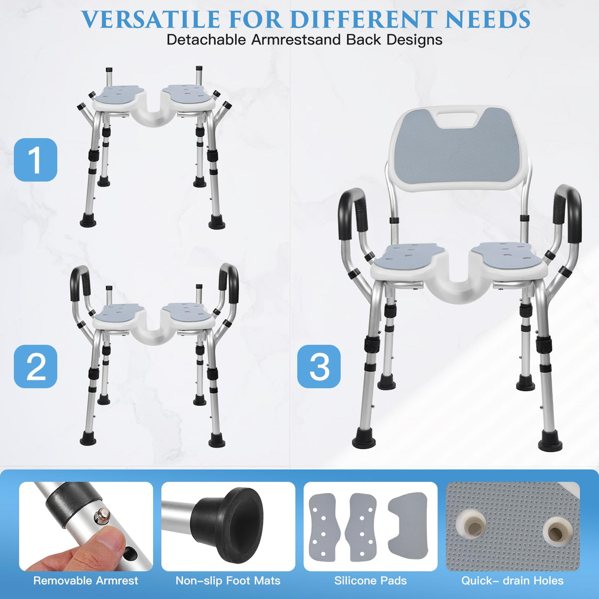 Shower Chair with U-Shaped Seat, Adjustable Height, 350 lb K935