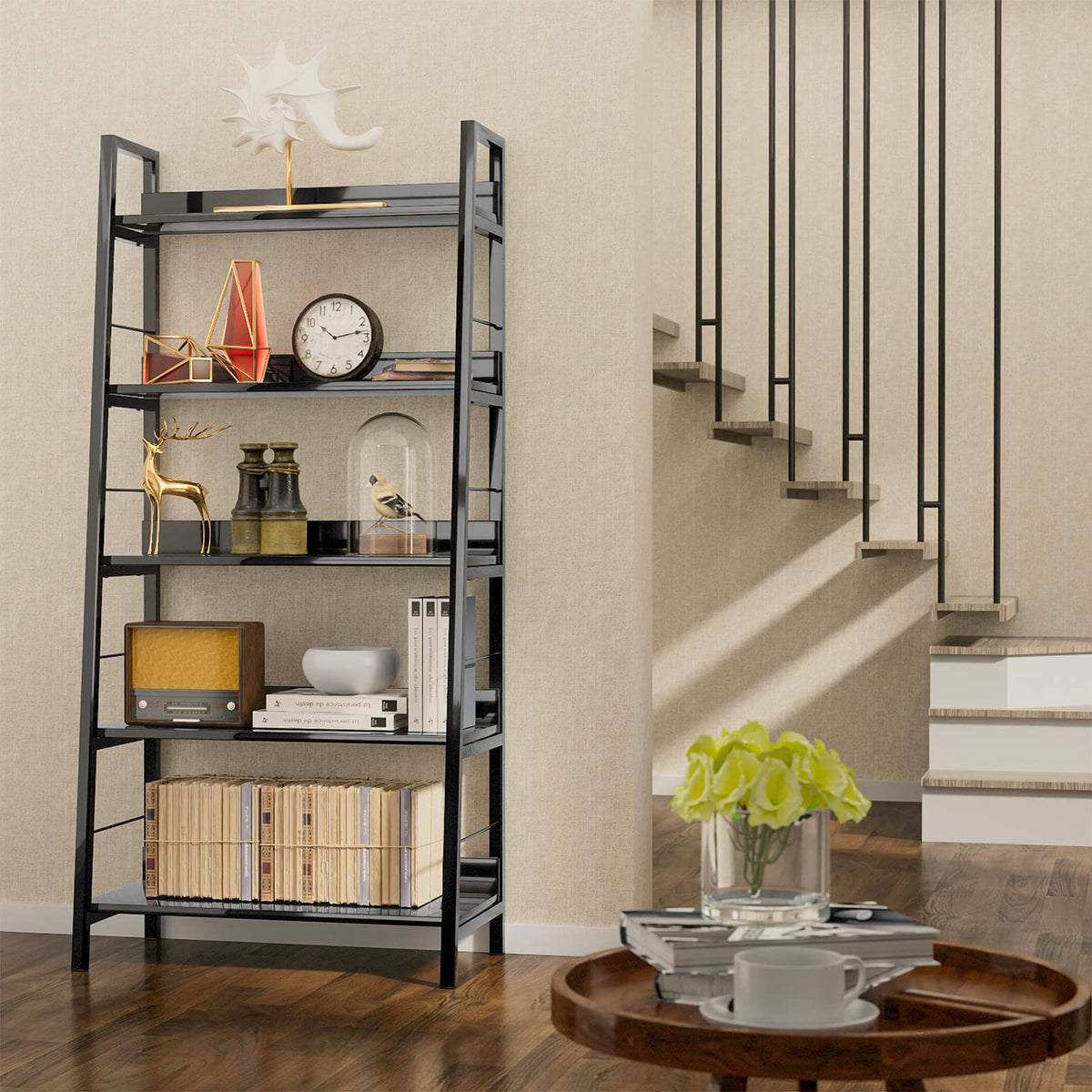 Black 5 Shelf Wood and Metal Bookshelf S347