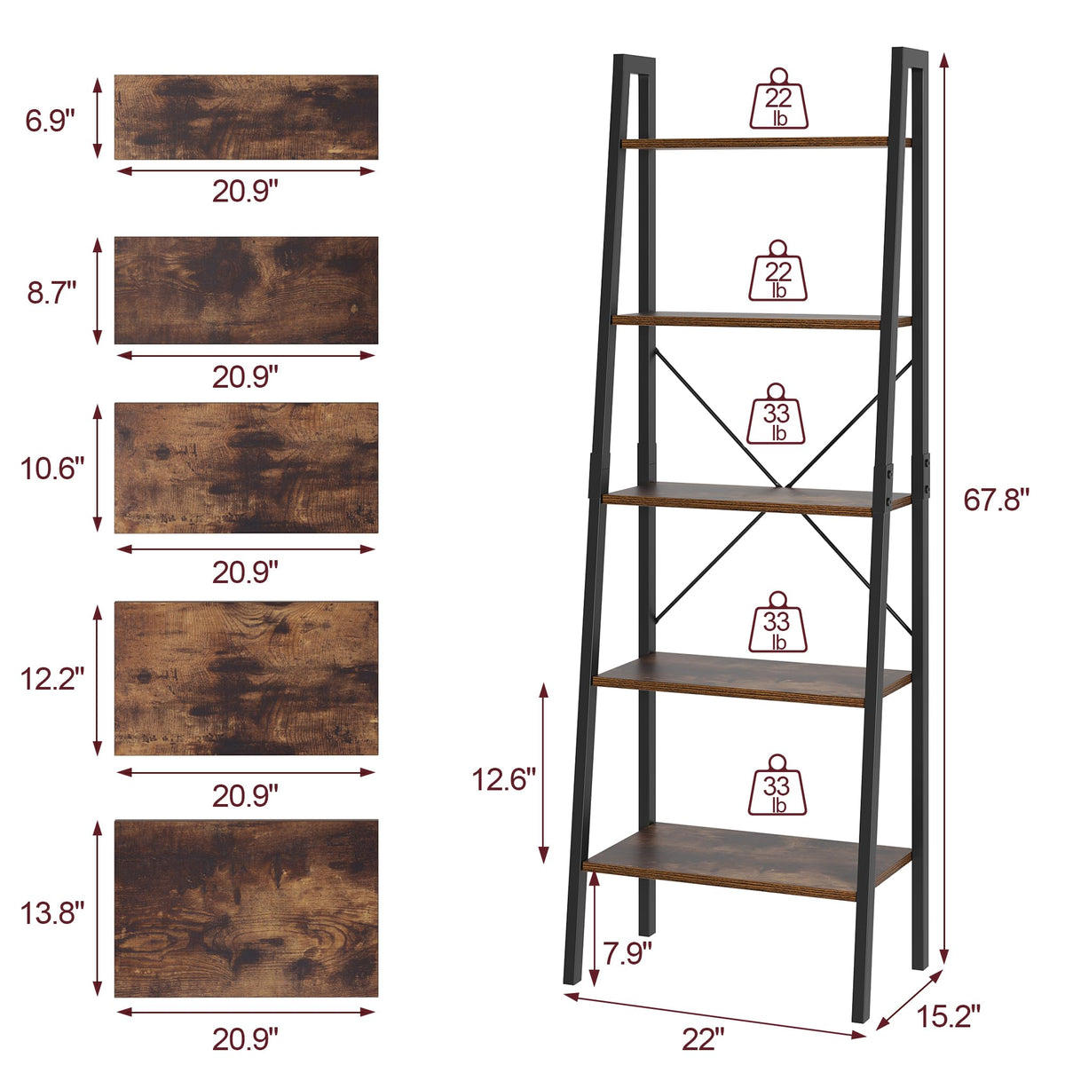 5-Tier Ladder Bookshelf with Metal Frame L950