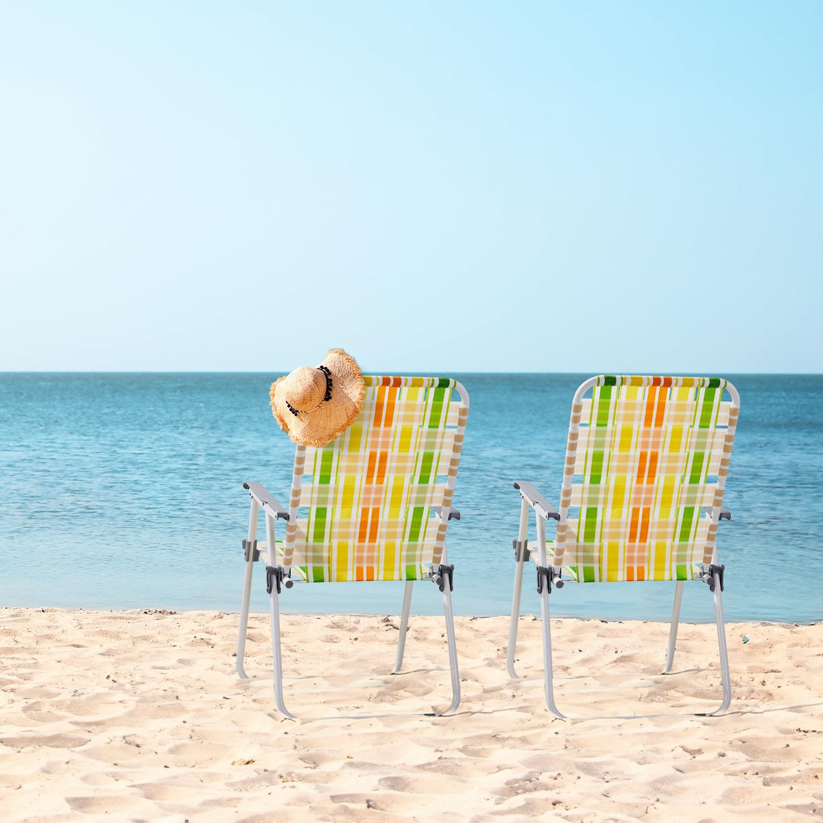 Set of 2 Webbed Folding Beach Chairs Yellow & Green P88566