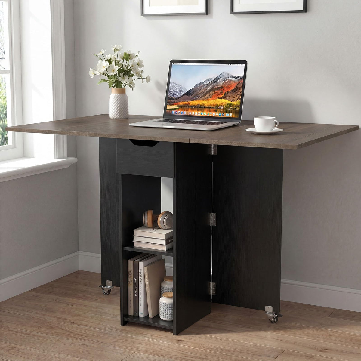 Drop Leaf Dining Table with Open Shelves & Drawer S6344