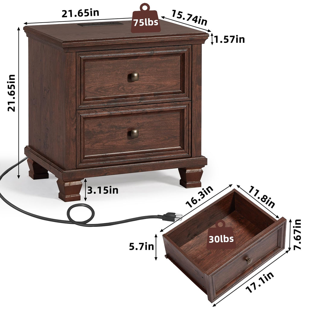 Nightstand Set of 2 with Charging Stations, 2 Drawers, Walnut P3965