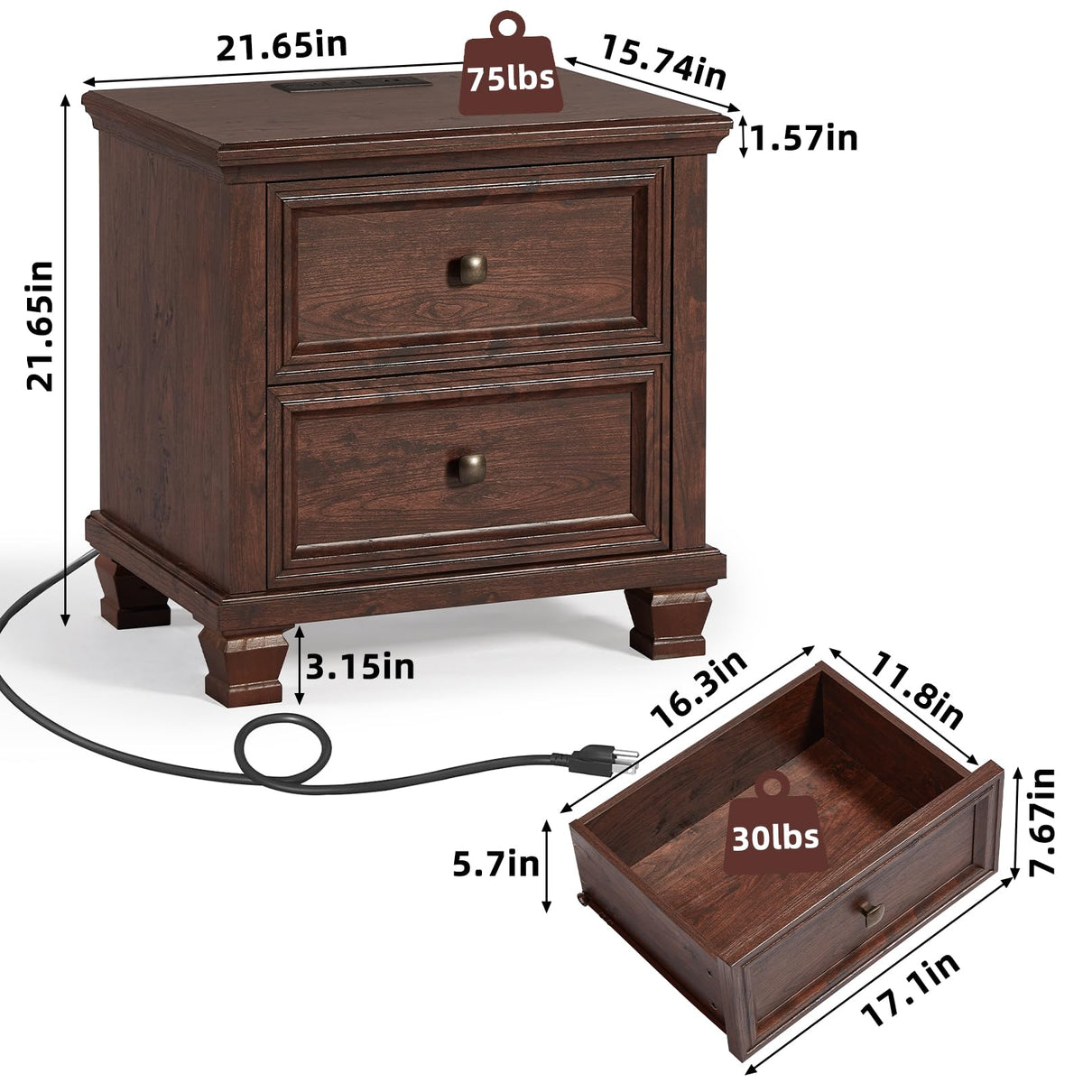 Nightstand Set of 2 with Charging Stations, 2 Drawers, Walnut P3965