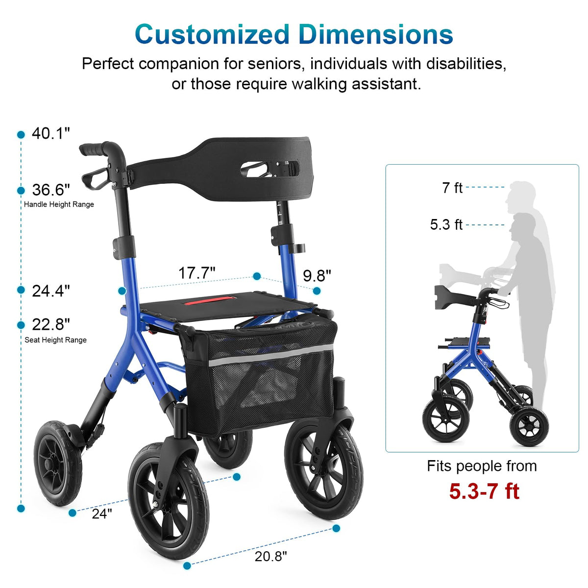 Blue Foldable Tall Walker with Seat X17934