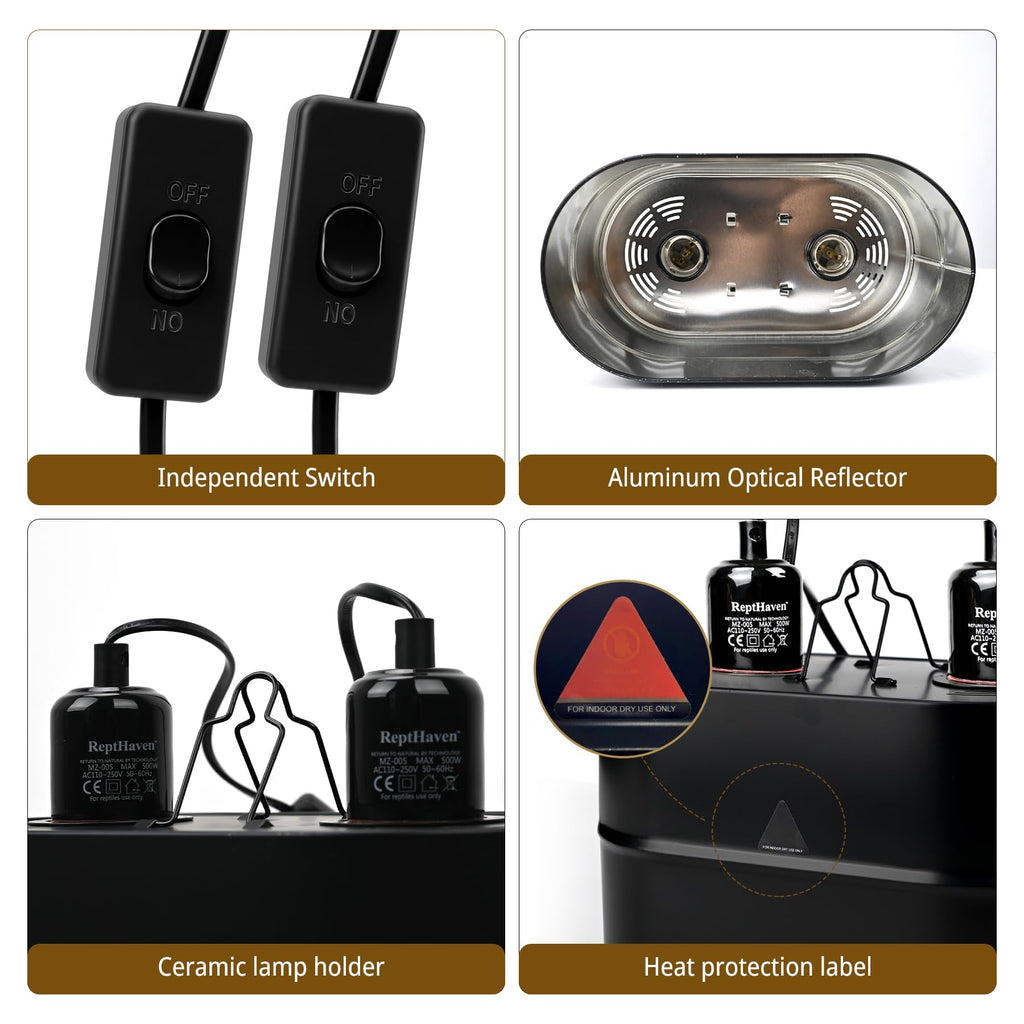 2-in-1 Deep Dome Reptile Light Fixture Kit with 100W UVA Basking Bulb & 100W Infrared Heat Lamp Q509762