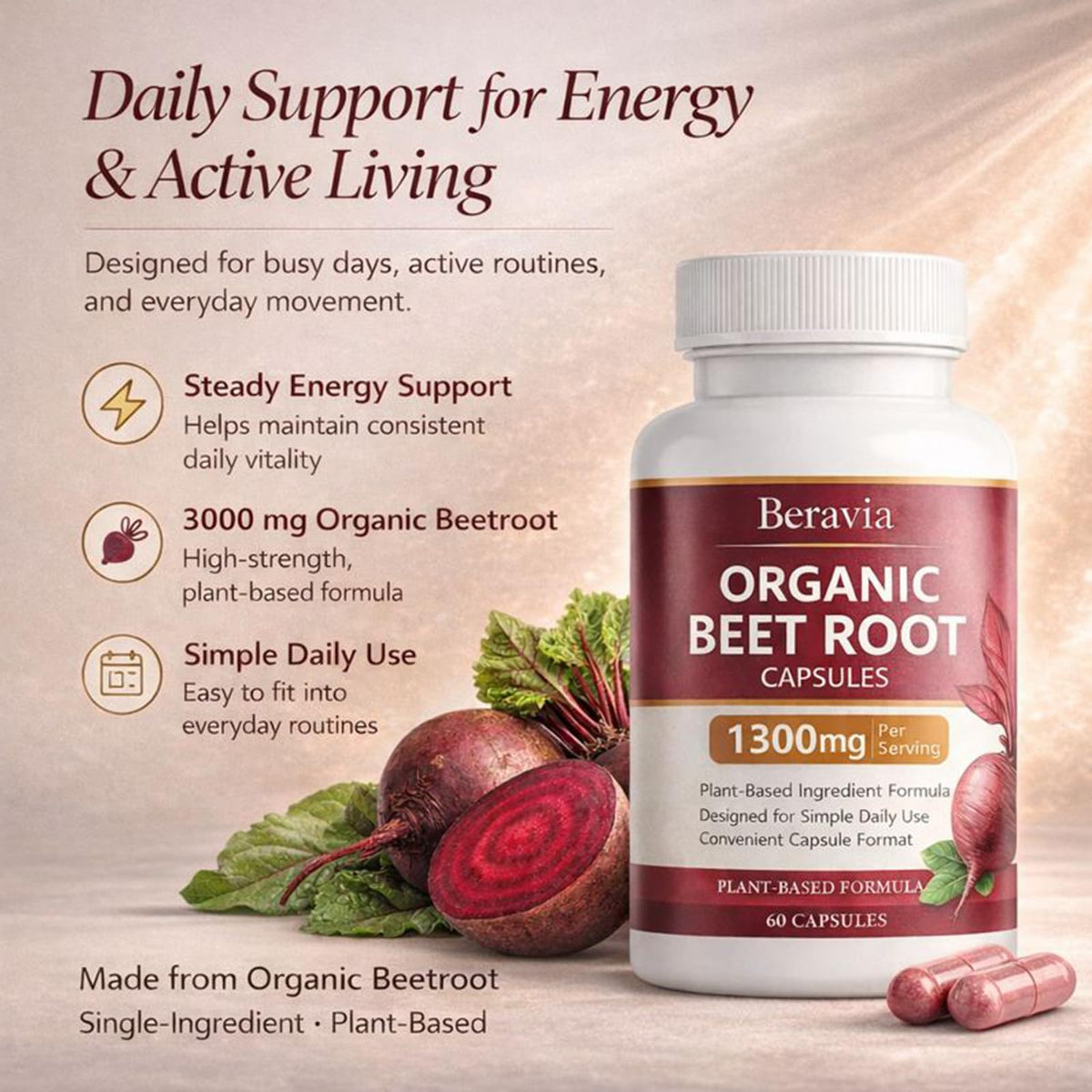 Organic Beet Root Capsules 1300 mg 60 Capsules B190