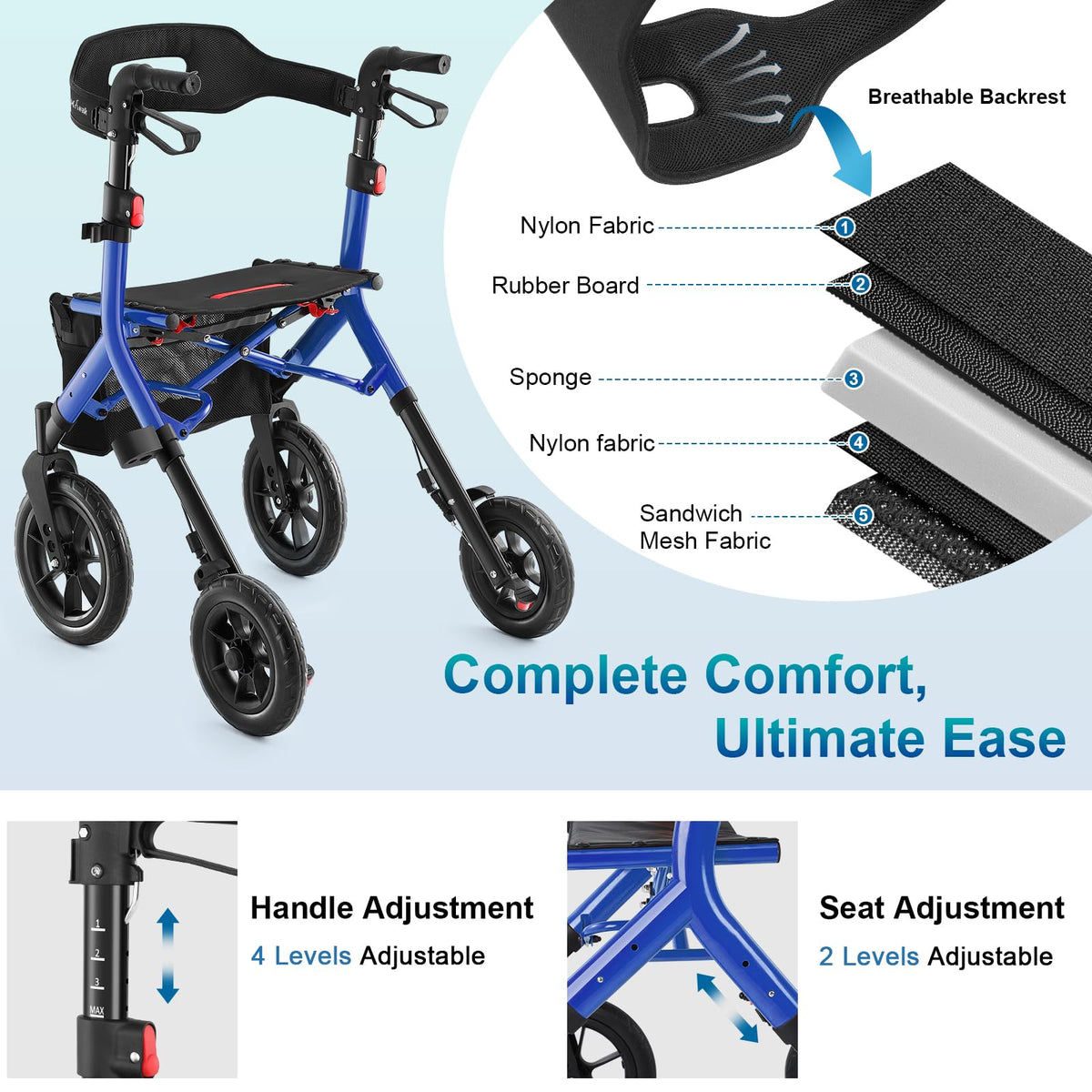 Blue Foldable Tall Walker with Seat X17934