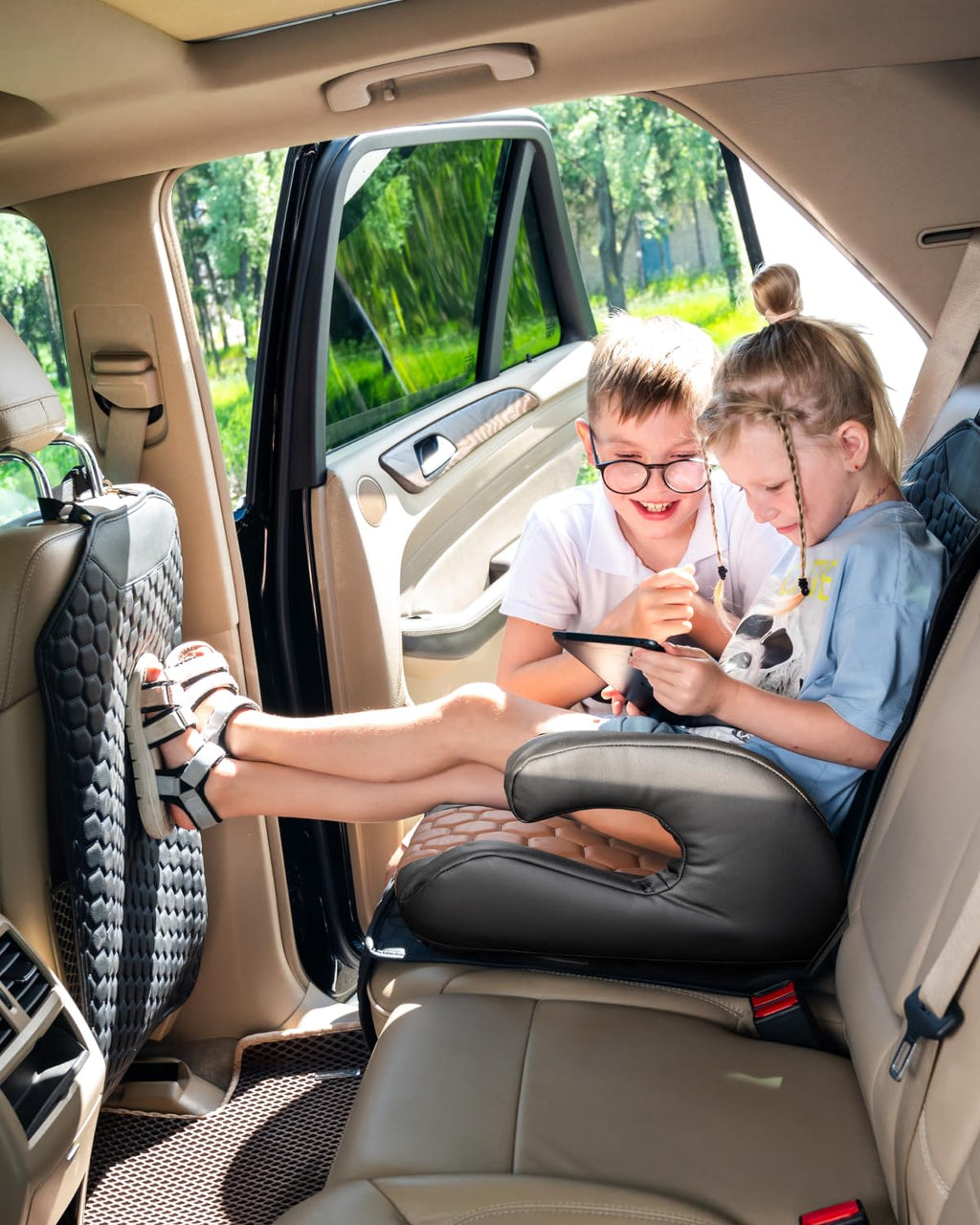 Black-Brown Backless Booster with Latch, Seat Protector & Backseat Organizer A9185