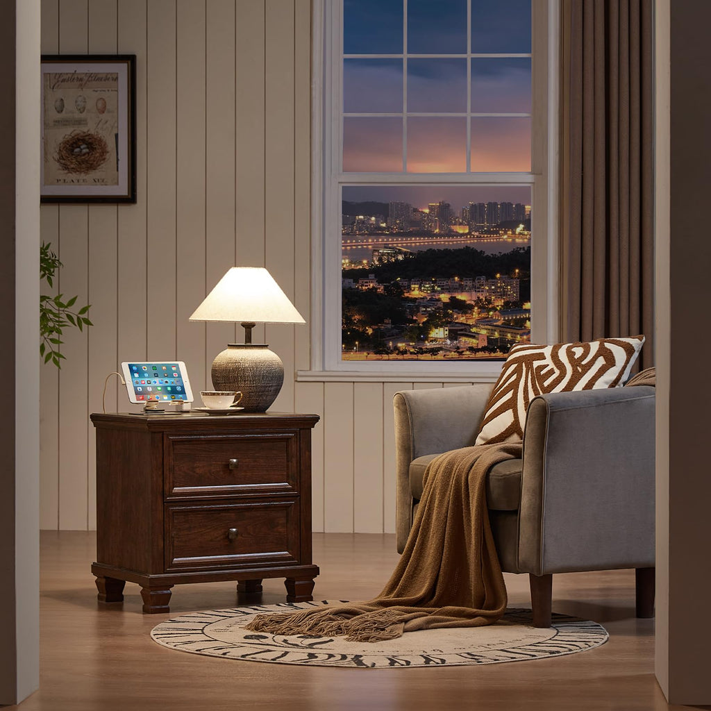 Nightstand Set of 2 with Charging Stations, 2 Drawers, Walnut P3965