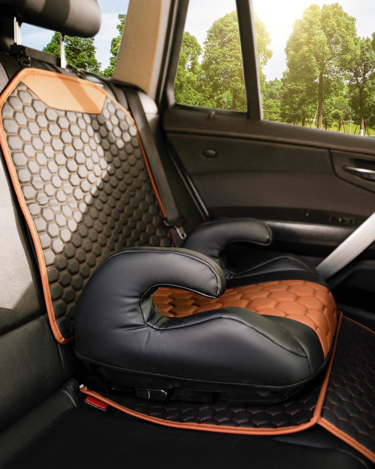 Black-Brown Backless Booster with Latch, Seat Protector & Backseat Organizer A9185