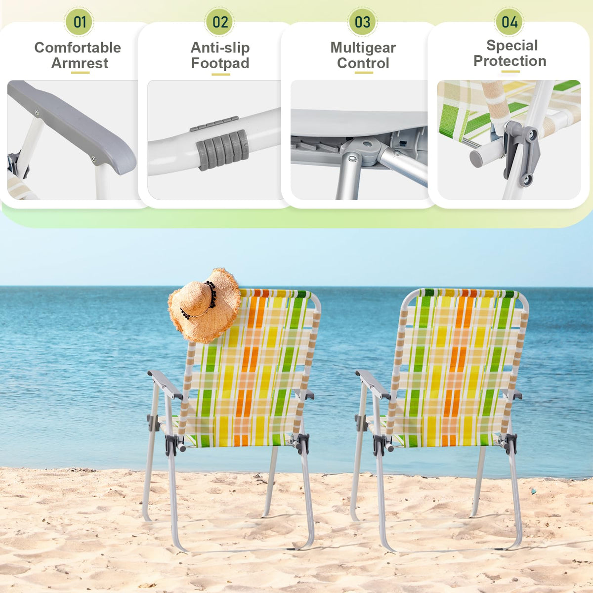 Set of 2 Webbed Folding Beach Chairs Yellow & Green P88566
