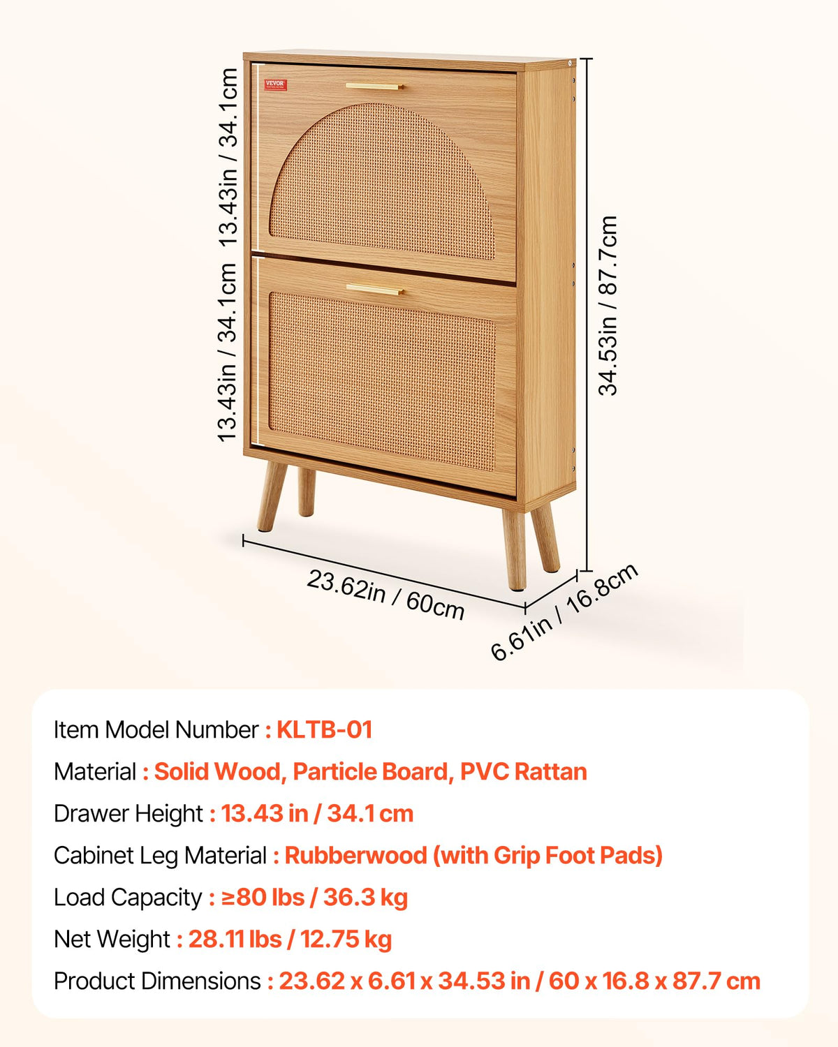 2 Flip Drawers Rattan Shoe Storage Cabinet S561