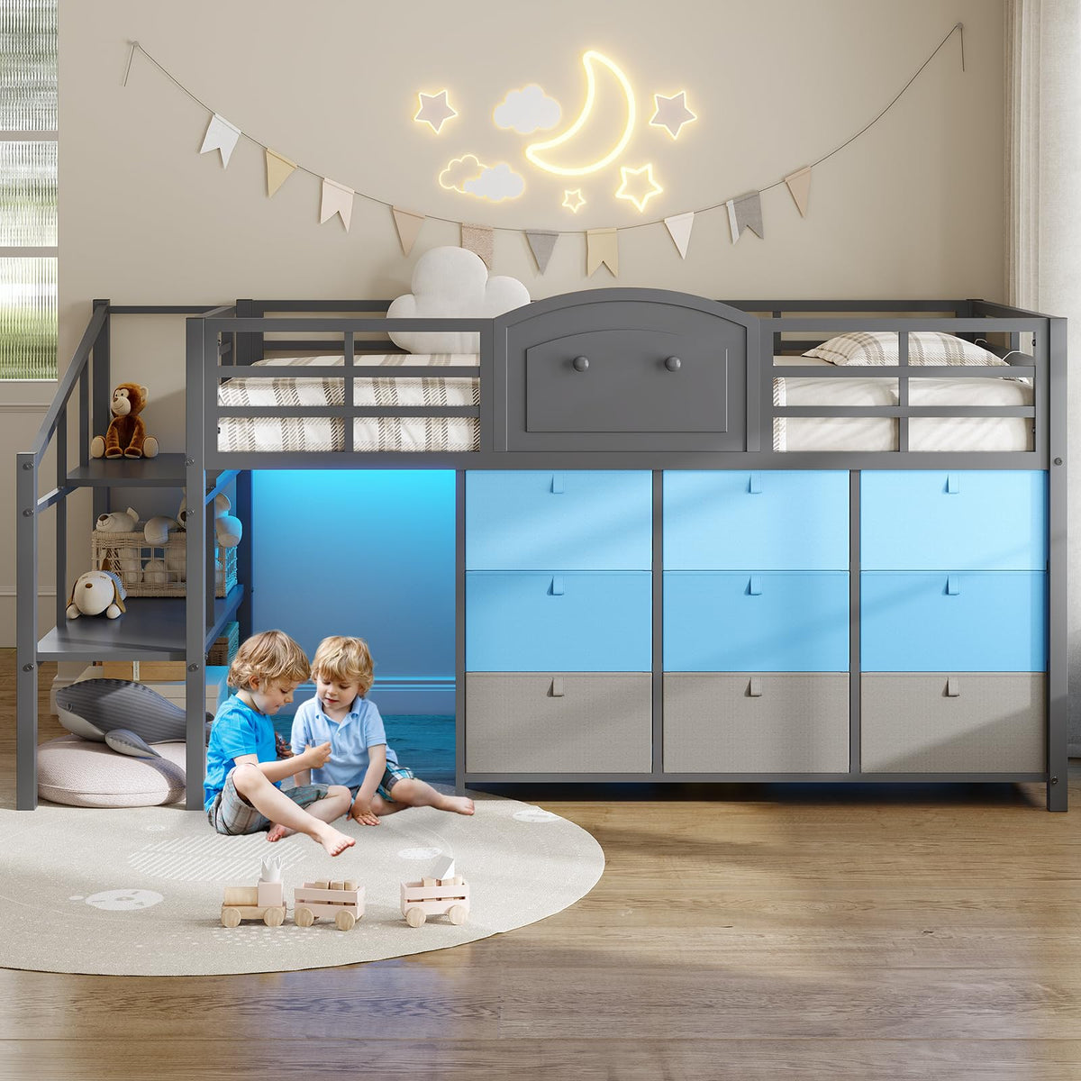 Twin Size Low Loft Bed with 9 Storage Drawers and LED Lights G2639
