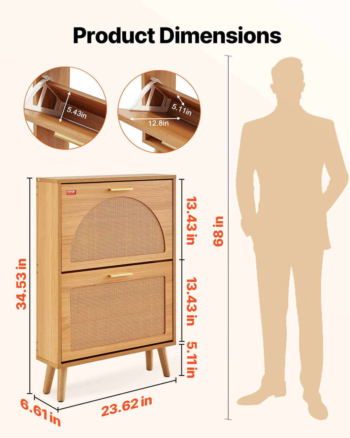 2 Flip Drawers Rattan Shoe Storage Cabinet S561