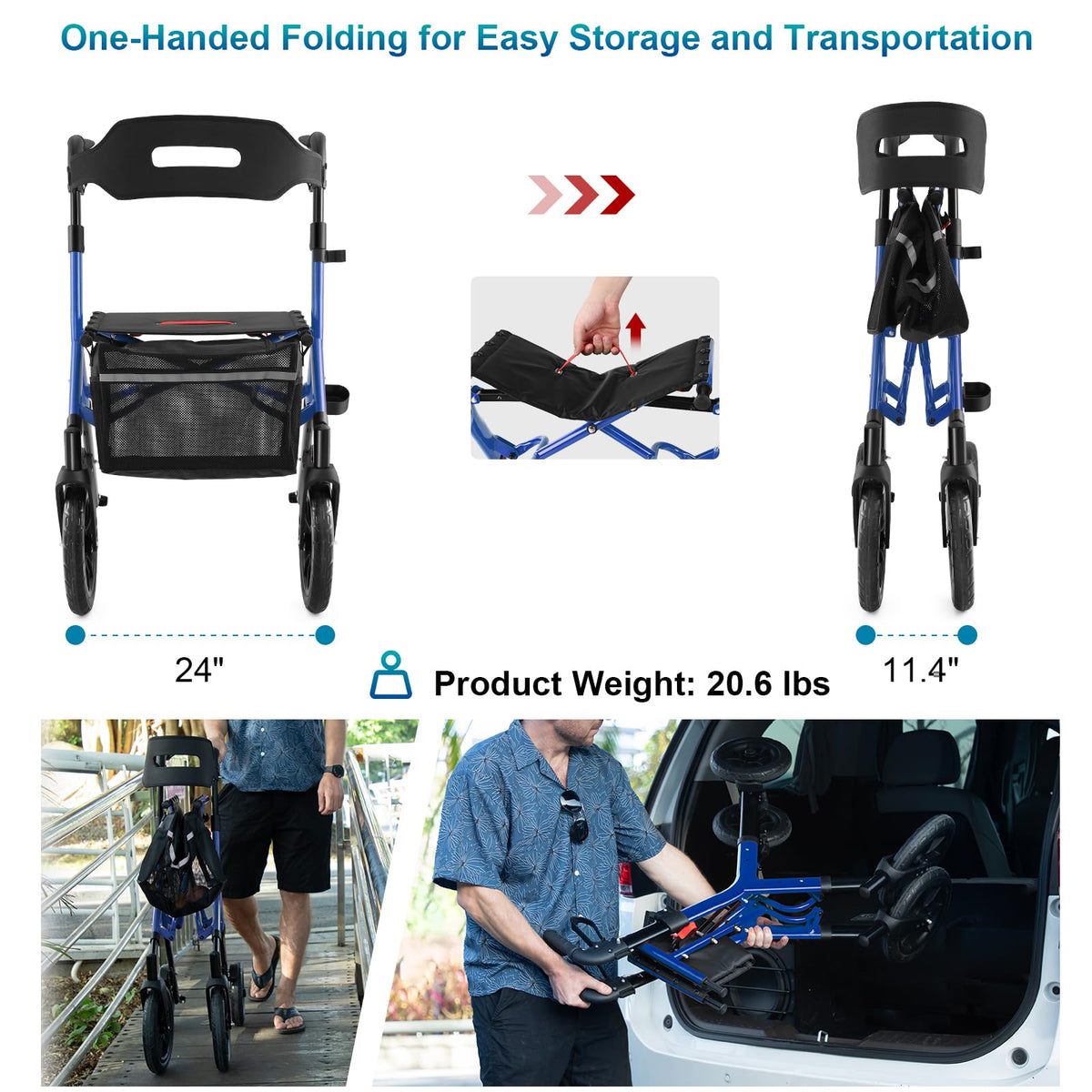 Blue Foldable Tall Walker with Seat X17934