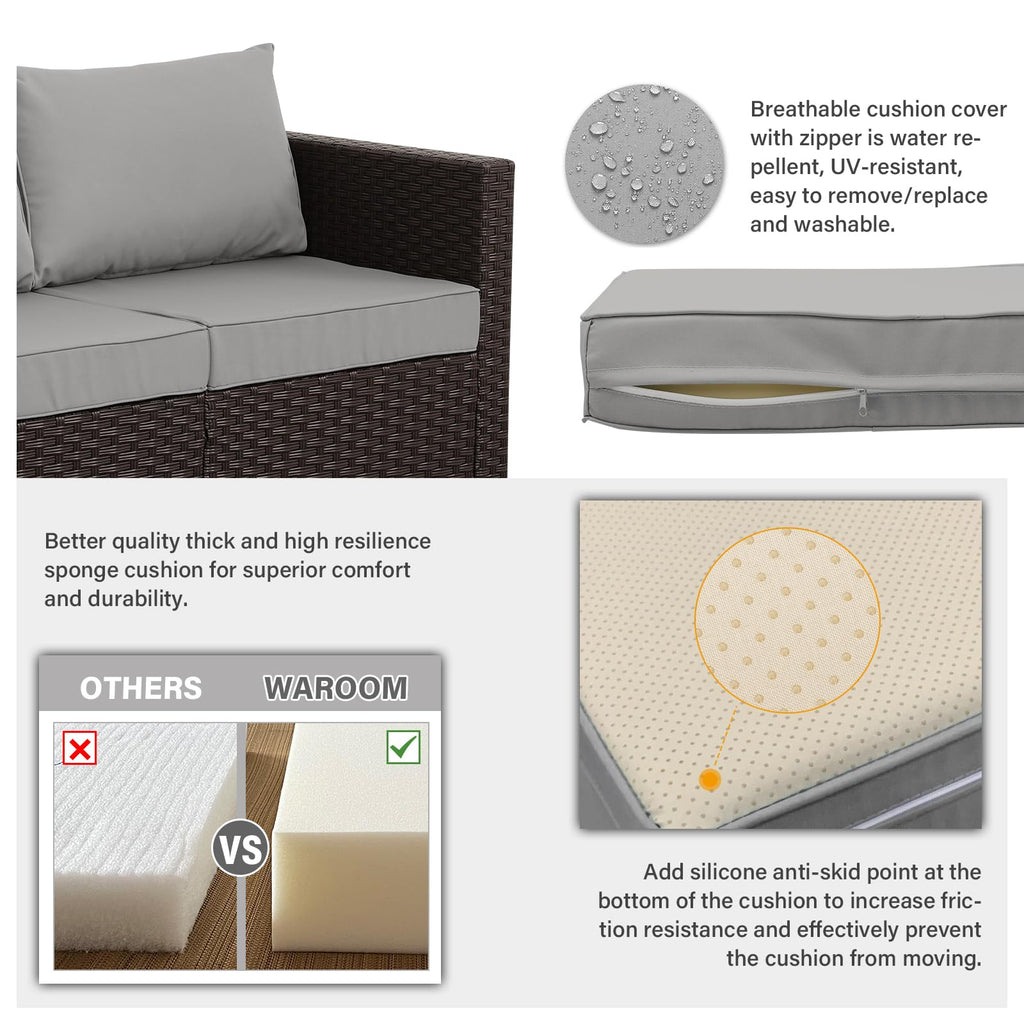 Brown Wicker 3-Seat Outdoor Sofa with Grey Cushion I94891
