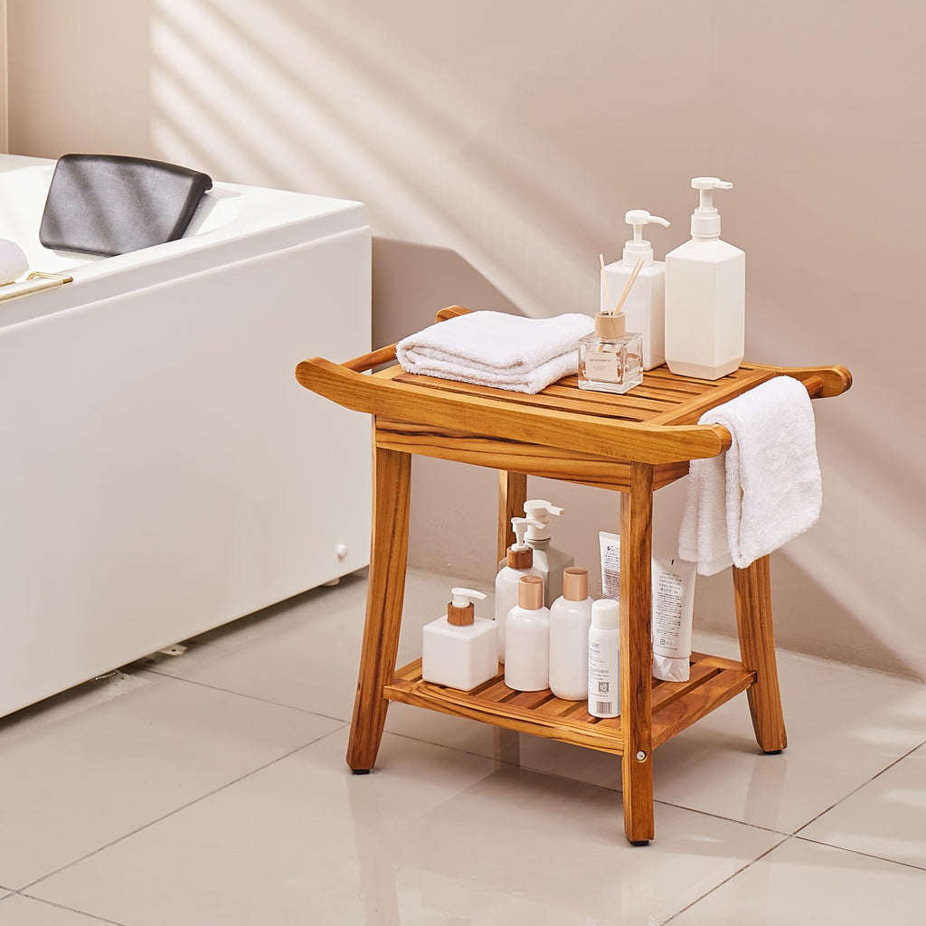Teak Shower Bench with Storage Shelf F181636