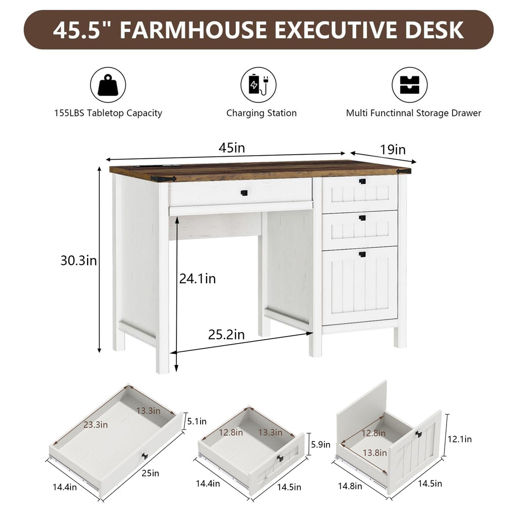 White Desk with Outlets & File Drawer C42962