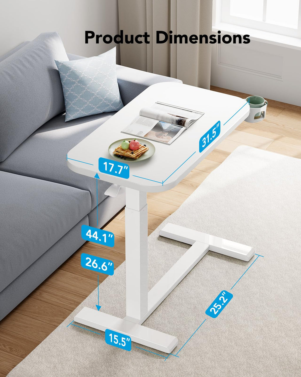 White Height-Adjustable Bedside Table with Wheels K2595