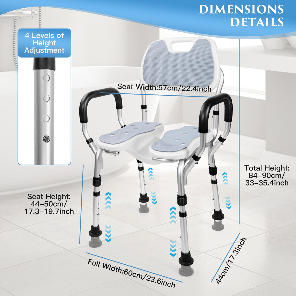 Shower Chair with U-Shaped Seat, Adjustable Height, 350 lb K935