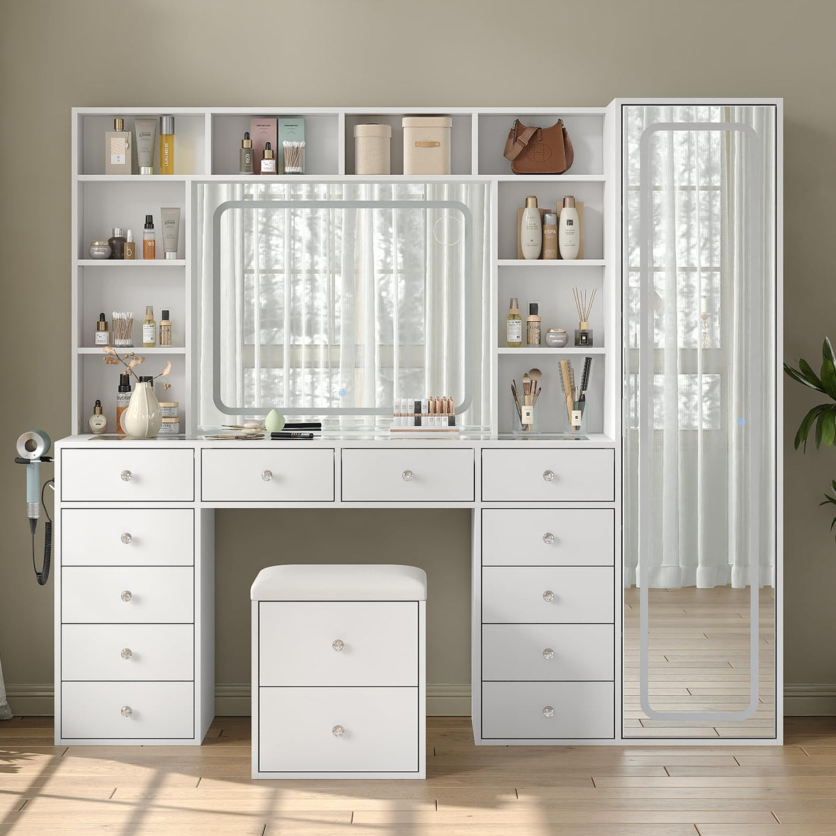 White Vanity Desk with LED Mirror 14 Drawers 10 Shelves B27394