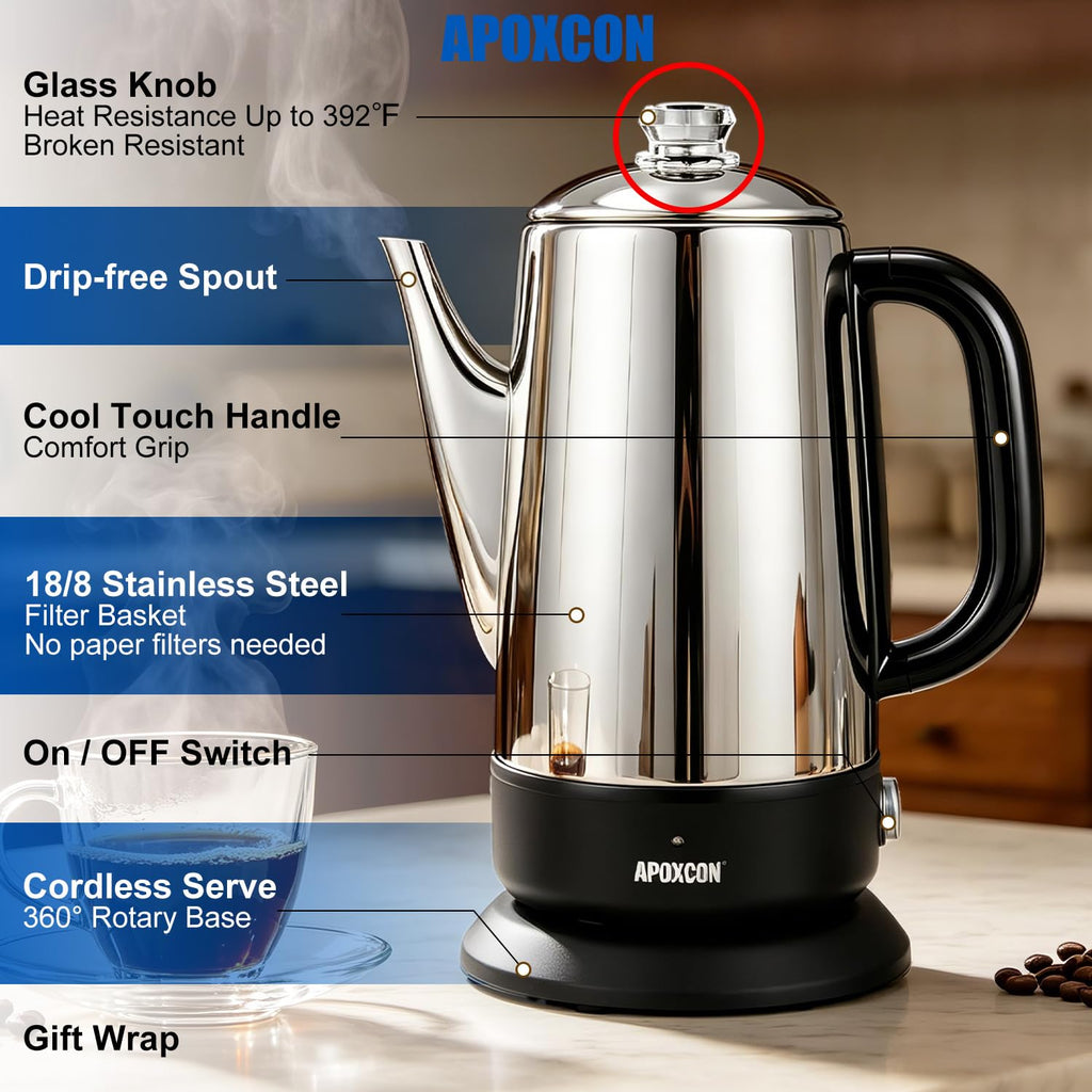 Electric Stainless Steel Coffee Percolator 1200ml 8 Cup L9671