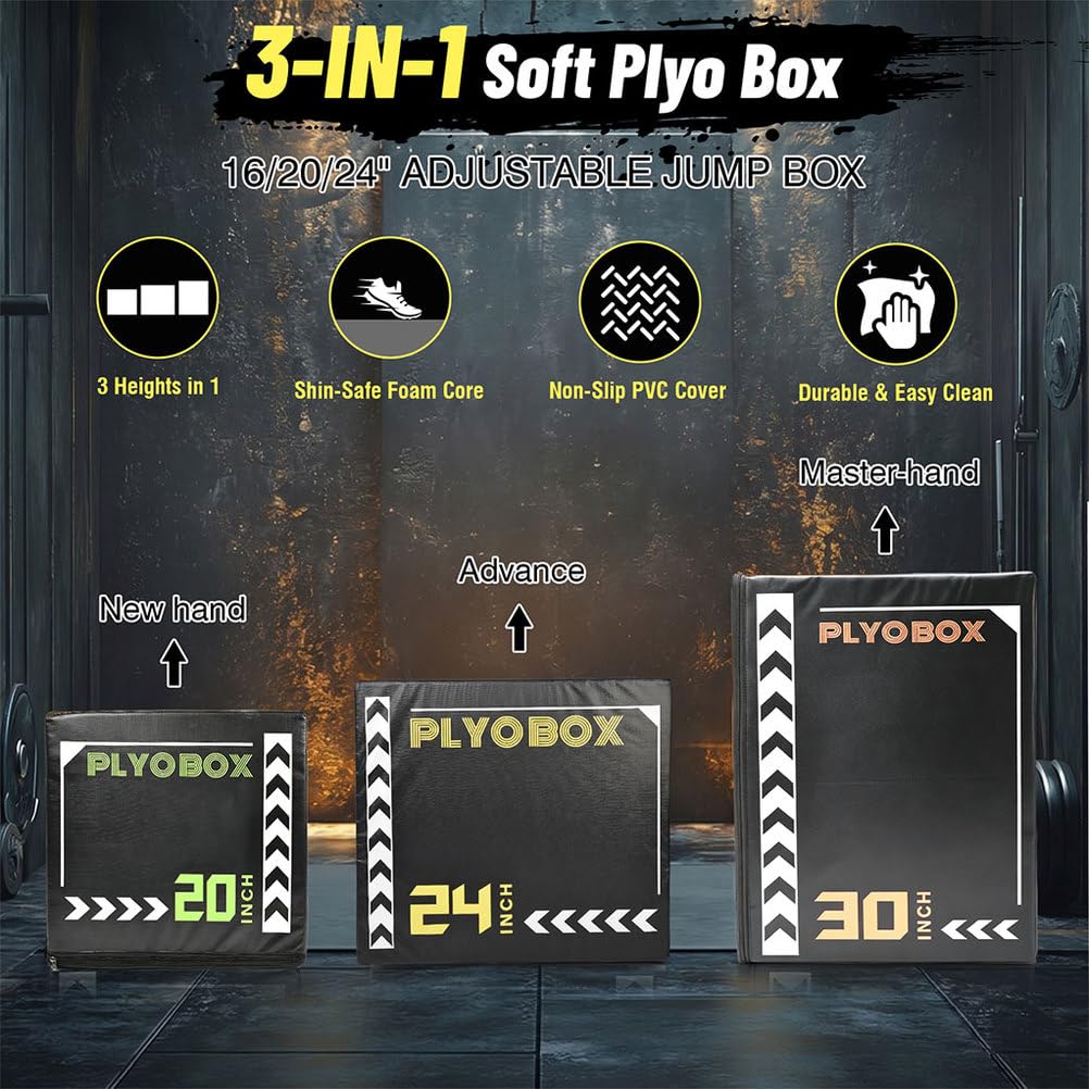 3-in-1 Foam Plyometric Jump Box, 20/24/30 Inch Plyo Box with Non-Slip PVC Cover Y503