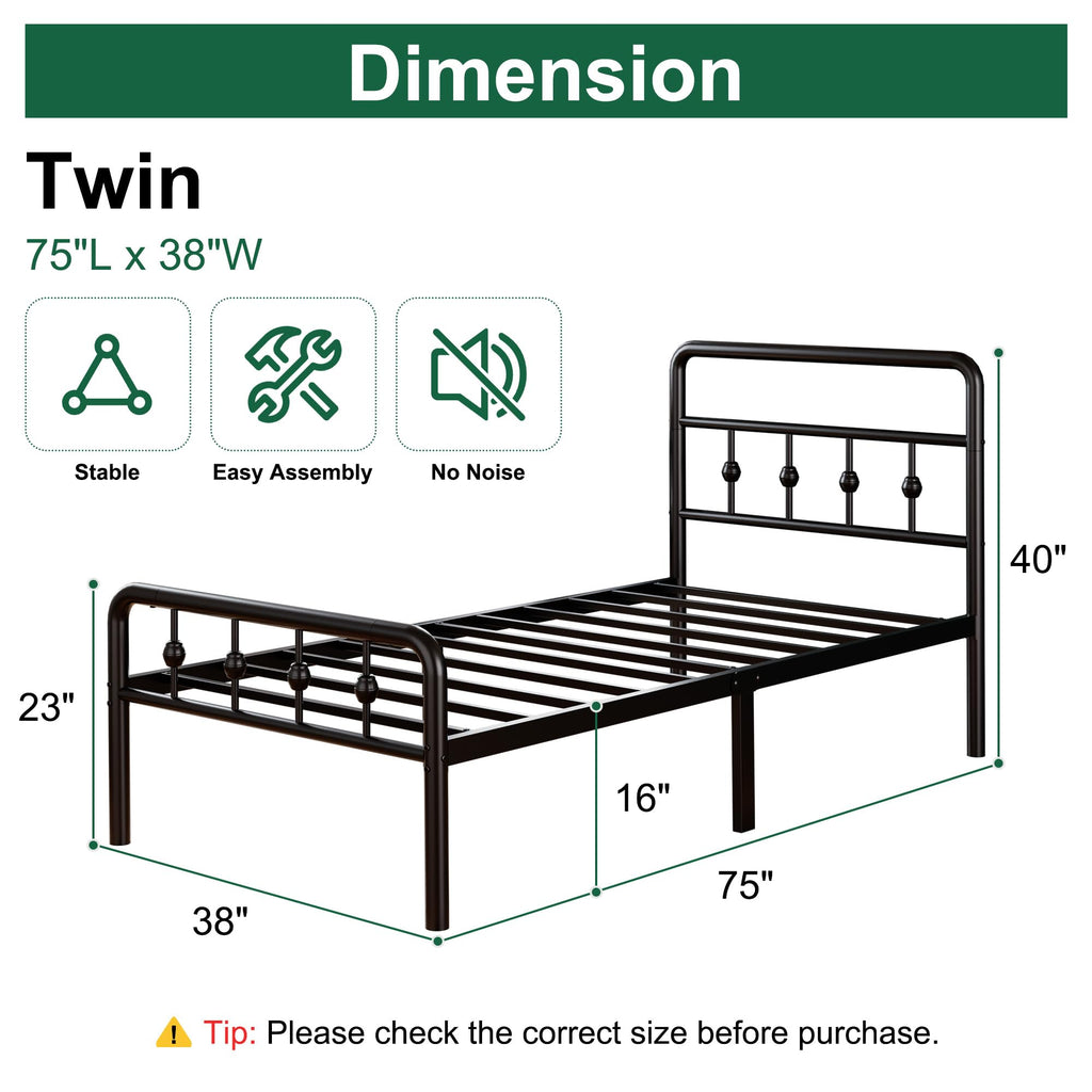 16 Inch Twin Metal Platform Bed with Headboard and Footboard Z334