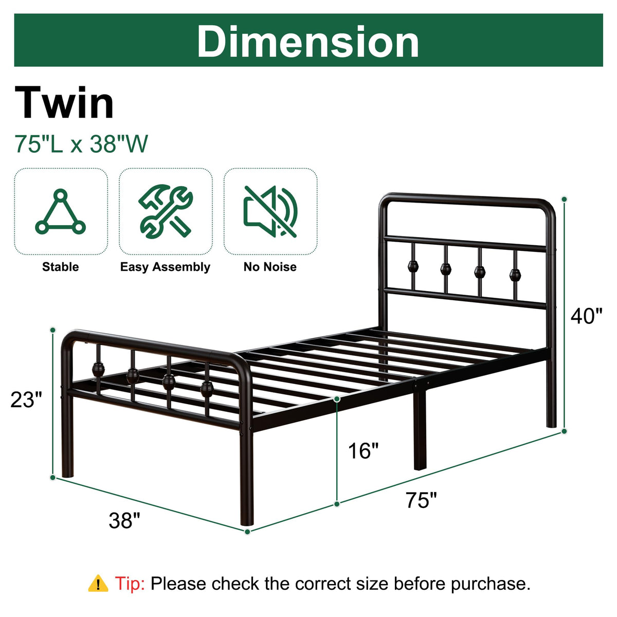 16 Inch Twin Metal Platform Bed with Headboard and Footboard Z334