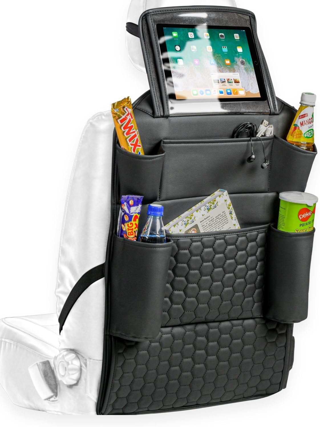 Black-Brown Backless Booster with Latch, Seat Protector & Backseat Organizer A9185