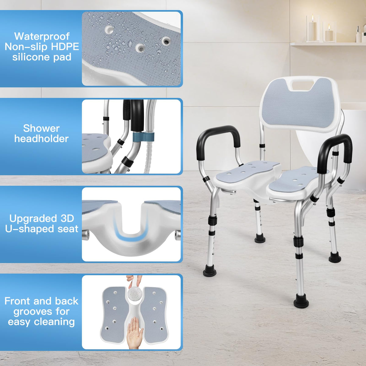 Shower Chair with U-Shaped Seat, Adjustable Height, 350 lb K935