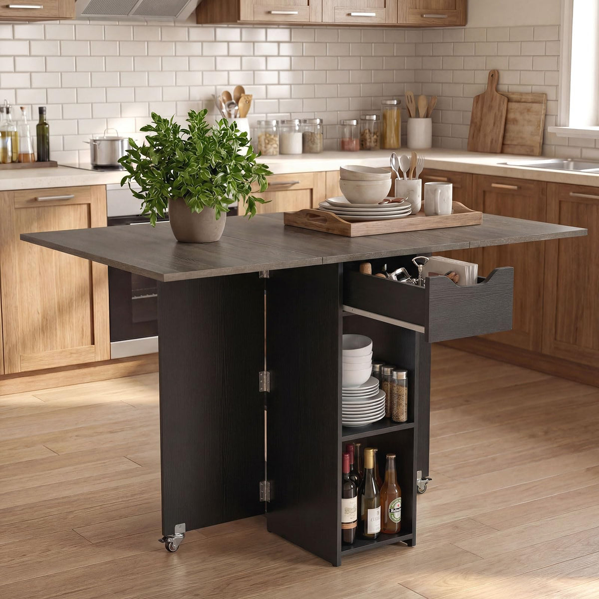 Drop Leaf Dining Table with Open Shelves & Drawer S6344