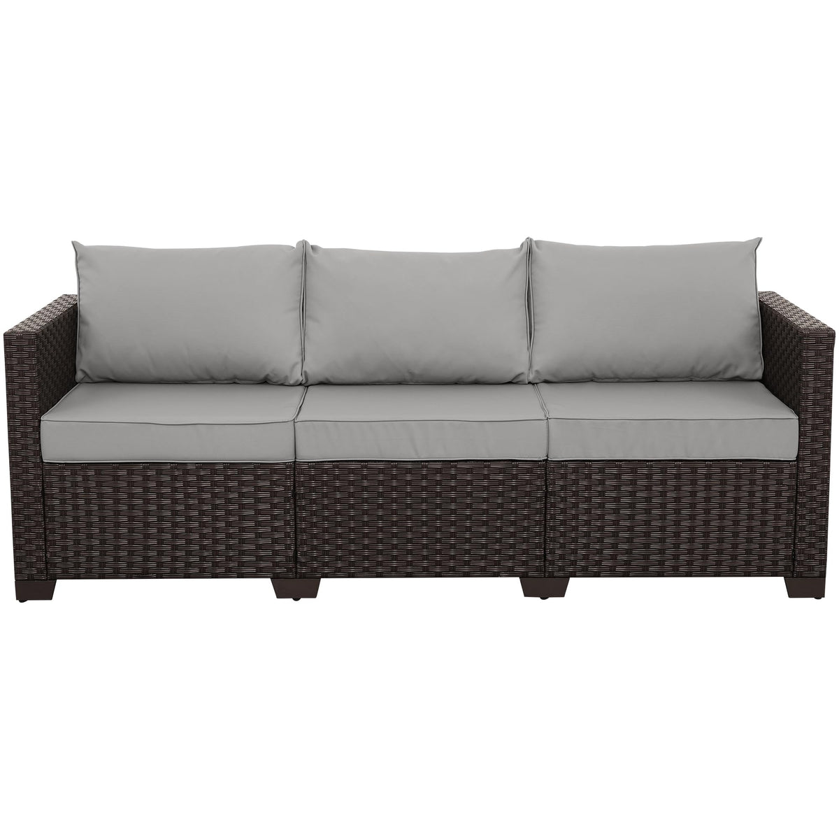 Brown Wicker 3-Seat Outdoor Sofa with Grey Cushion I94891