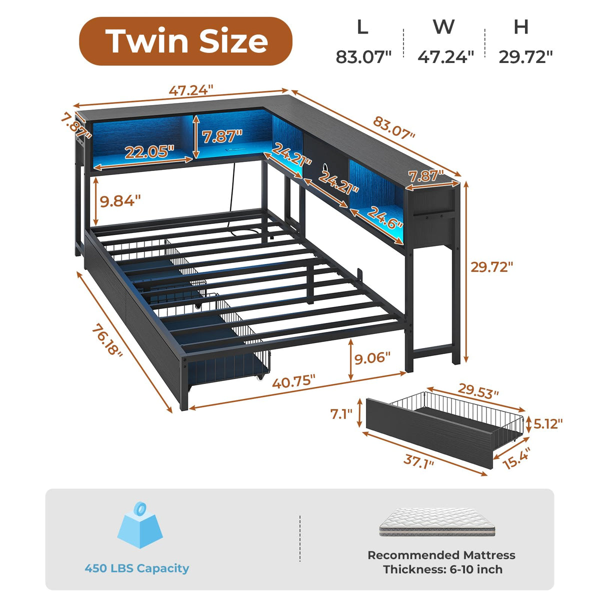 Black Twin Metal Platform Bed Frame with Storage Drawers L965503