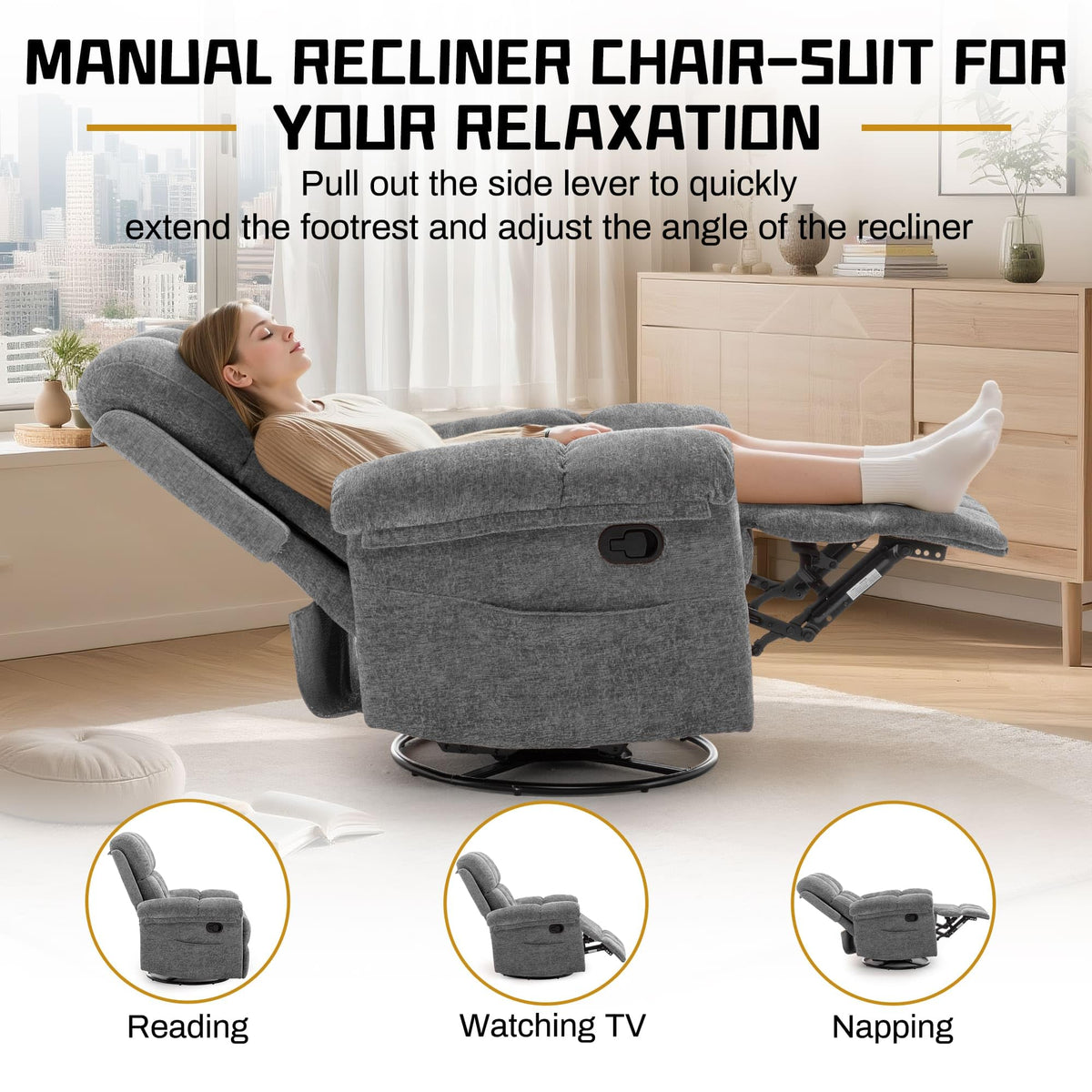 Grey Chenille Swivel Rocker Recliner Chair H455230