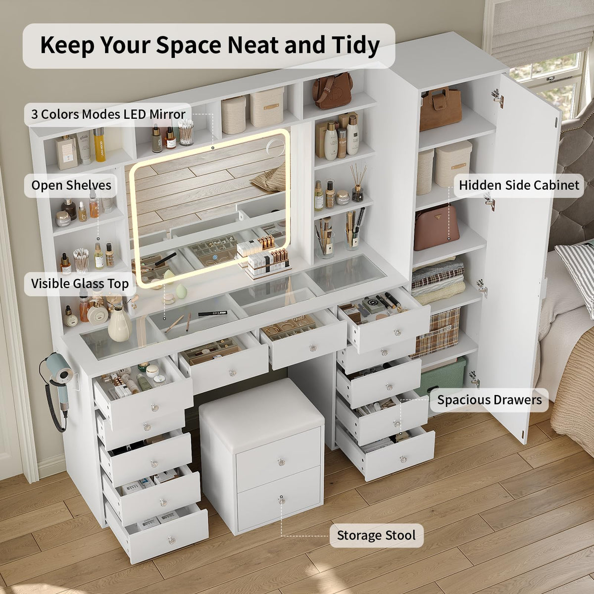 White Vanity Desk with LED Mirror 14 Drawers 10 Shelves B27394